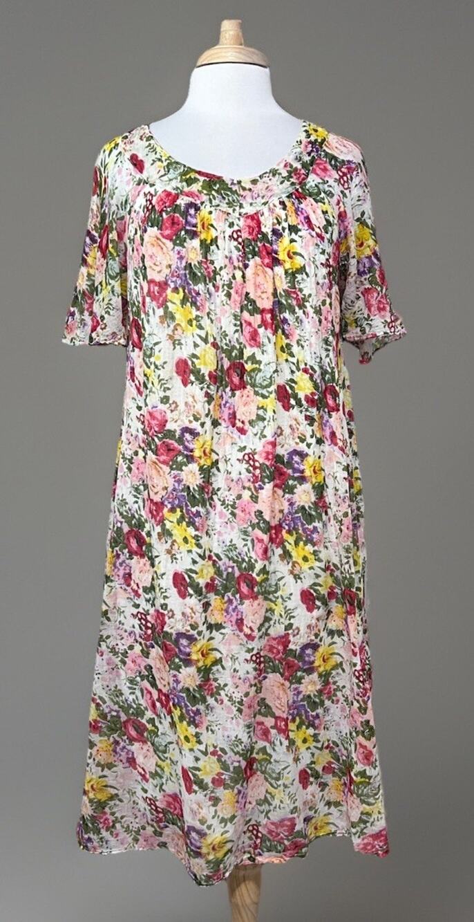 Its About Time Vtg Cottagecore Floral Cotton Midi Dress MuuMuu Lounger sz M READ